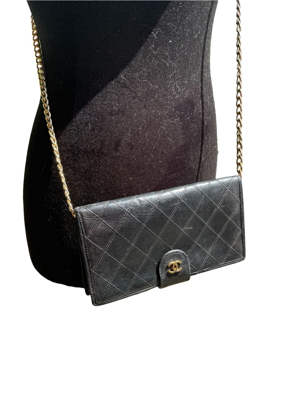 Vintage Series 3 Chanel Quilted Black Leather Wallet + Unbranded Crossbody Chain